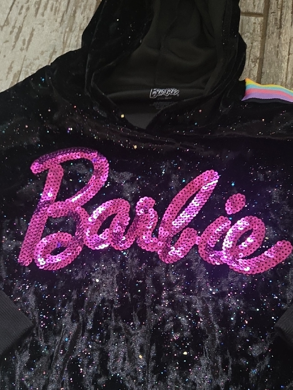 Barbie Black Velvet Hoodie Set with Pink Sequin Logo and Rainbow Stripes - Picture 2 of 4